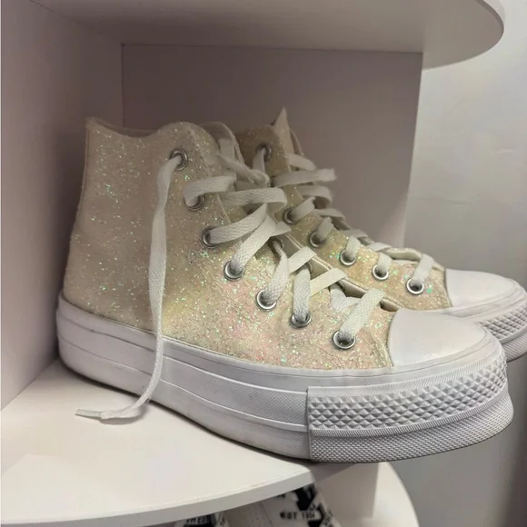 Converse Glitter High-Top Platform Sneakers in Shimmer Cream - Picture 2 of 5